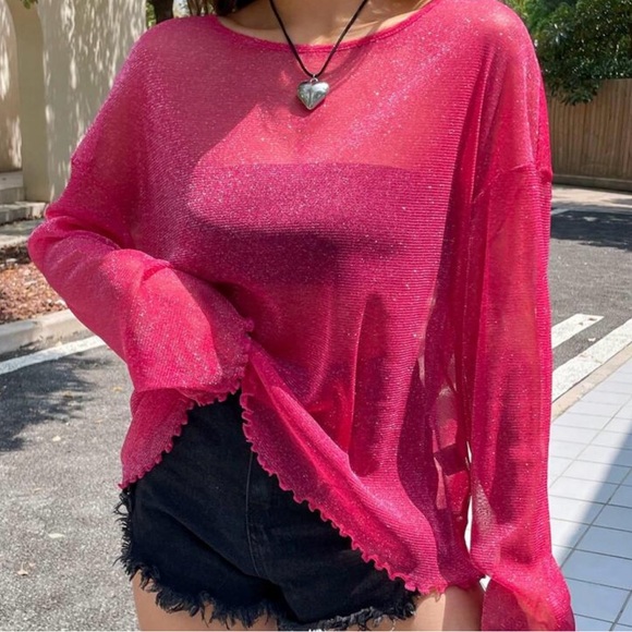 Sheer Pink Long Sleeve see through Top - Picture 1 of 3